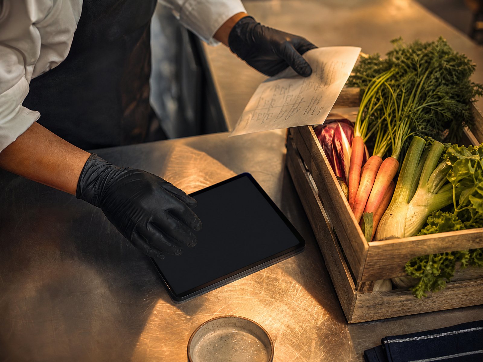 Chef préparant le service dans une cuisine méditerranéenne élégante
